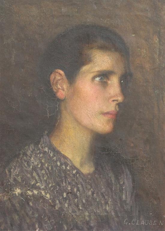 Sir George Clausen RA (1852-1944) Head study of a woman 18 x 14in., unframed